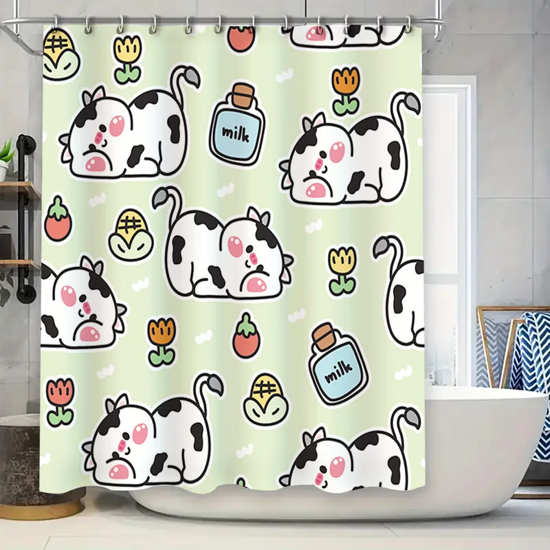

Adorable Cow Print Shower Curtain for Bathroom Decor in Pastel Colors with Milk Bottle Design Cute Home Accessories Gift Idea