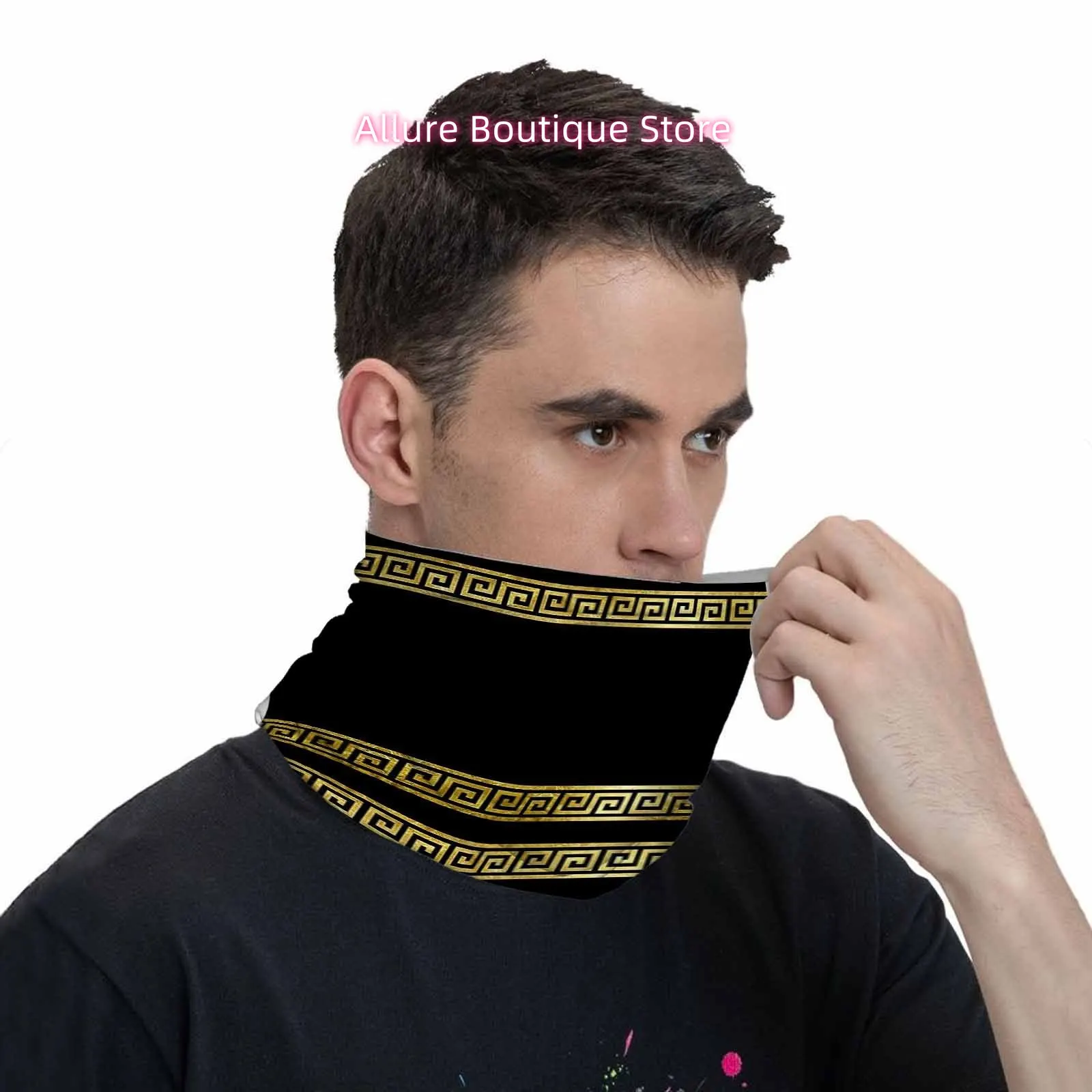 Golden Greek Key Pattern, Black Background, Vertical Design Print Scarf, Multi-Functional Mask And Neck Mask, Suitable for Outdo view 6