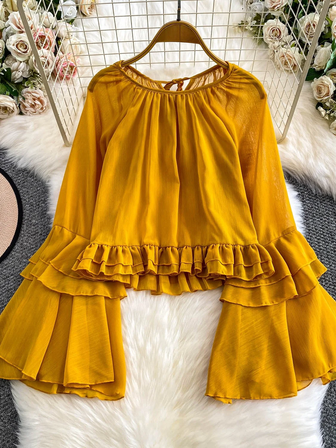 Weiche SLE-Pfirsichfarbene Bluse für Damen, lockeres, schlankmachendes Ele Long Sve irt mit plissierten Sves für den täglichen Gebrauch im Herbst