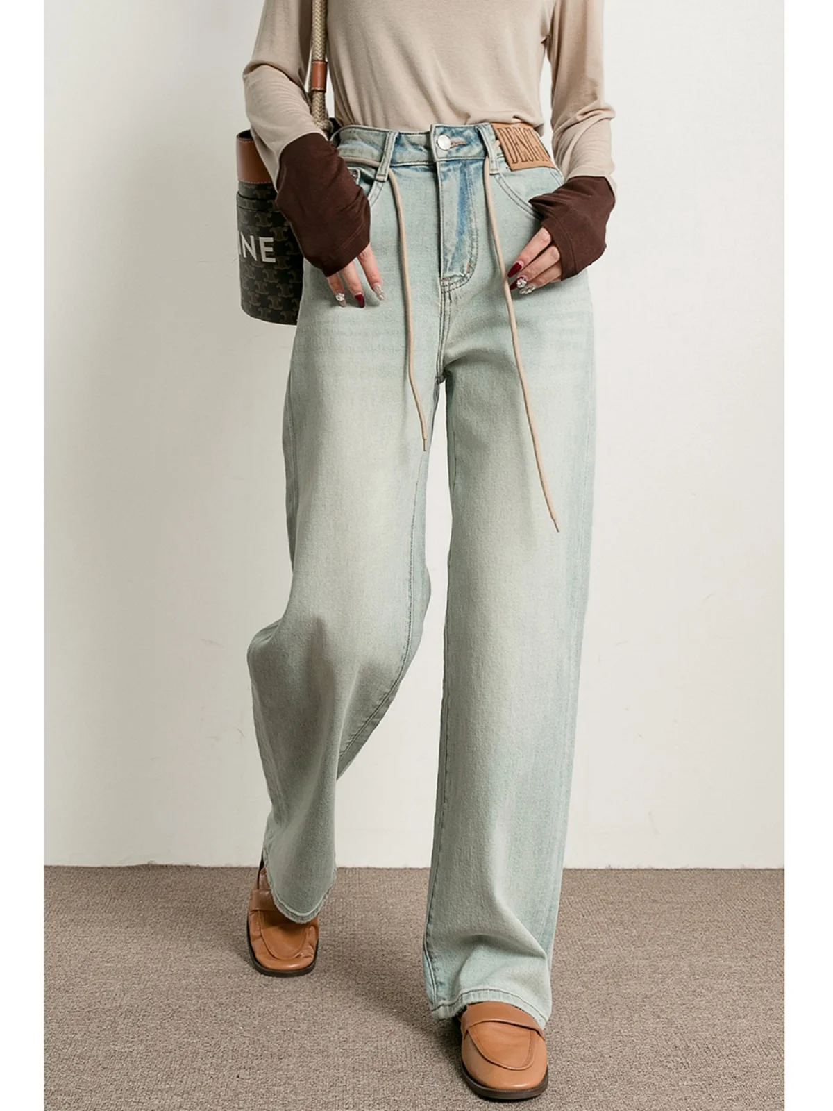 

Модные джинсы с цветочным принтом, синие, прямые, женские, с высокой талией, длинные брюки, весенне-осенний сезон, джинсовая ткань