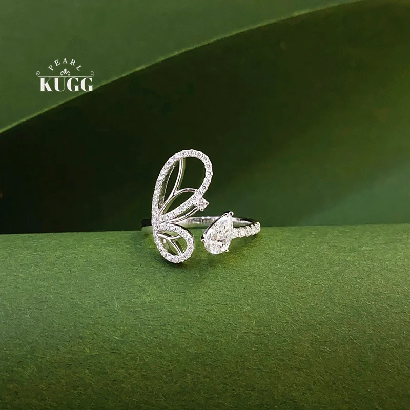 

KUGG 100% 18K White Gold Rings Romantic Butterfly Shape Real Natural Diamond Engagement Ring for Women High Wedding Jewelry