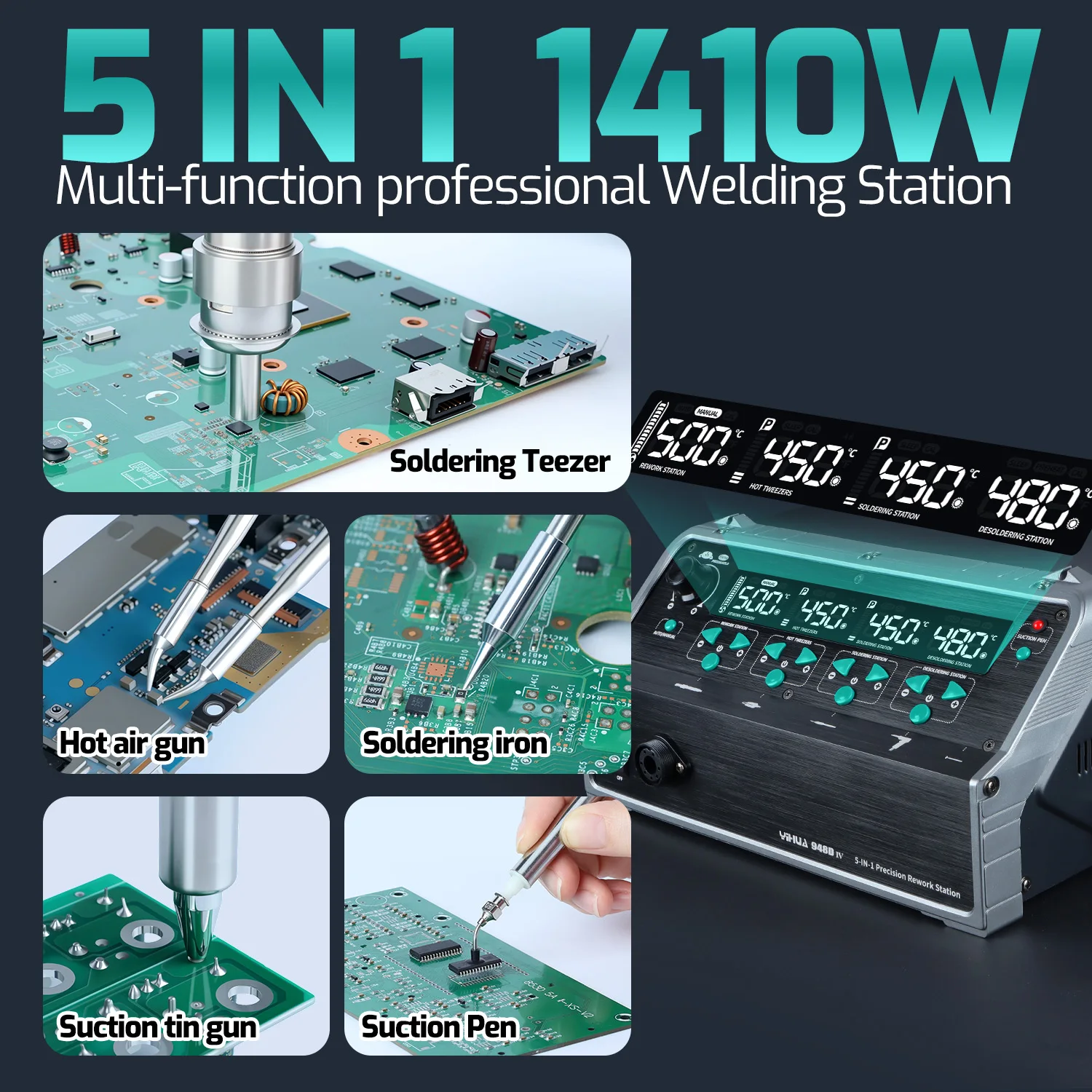 YIHUA 948D-IV 5-IN-1 محطة لحام 1410 واط ديسولديرينغ الملقط مسدس هواء ساخن الكهربائية لحام الحديد C245 C210 شفط القلم أداة #5