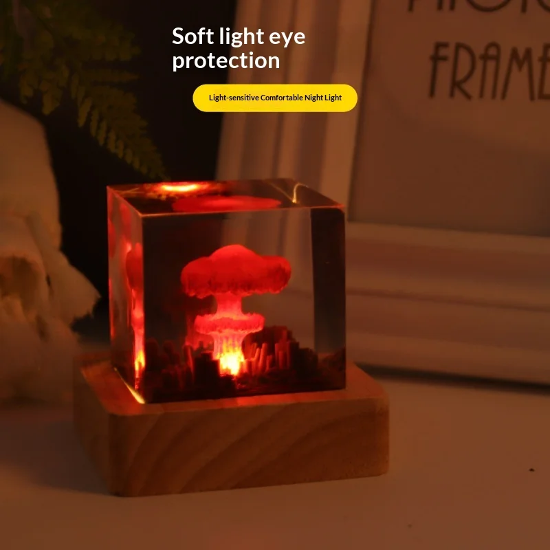 Creative Resin LED Night Light Mushroom Cloud Atomic Crystal Figurine Sculpture Home Decor Statue Desktop Office Shelf Ornament
