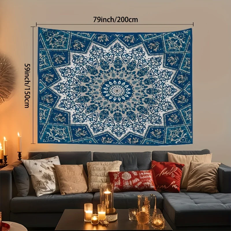 Elegant Blue Mediterranean Moroccan Tapestry Wall Hanging Bohemian Boho Ethnic Geometric Islamic Decor Polyester Fabric Poster f
