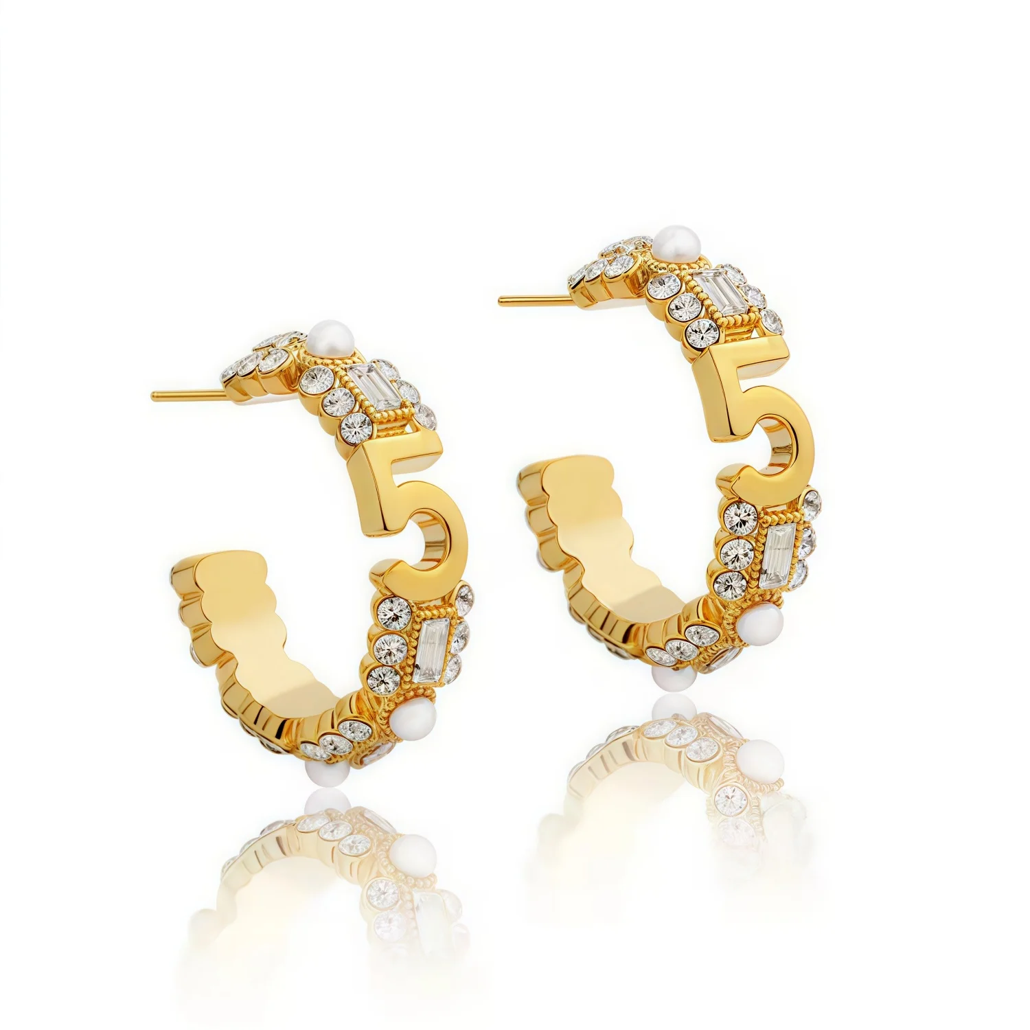 

C-shaped Ear Studs Geometric Copper-inlaid Zircon Circular Quadrilateral Elements Number 5 Design with Colored Glaze Pearls