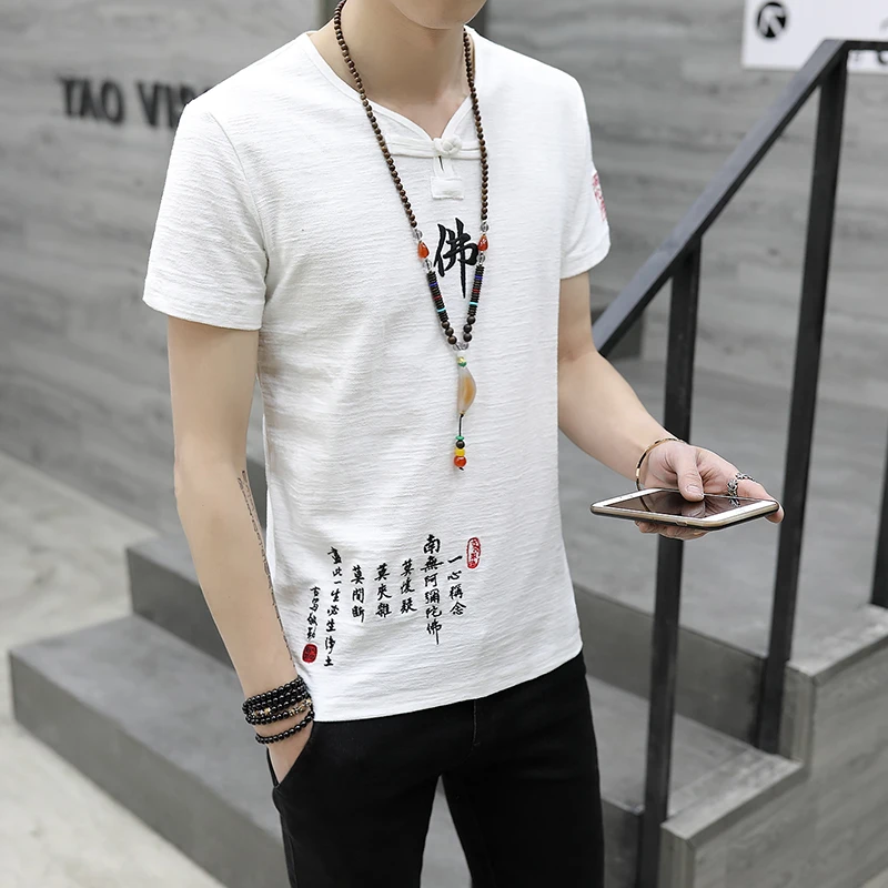 تي شيرت رجالي بأكمام قصيرة مطرز بكلمة بوذا من الكتان موضة الصيف مقاس كبير عصري اجتماعي للأولاد برقبة دائرية من القطن للشباب #5