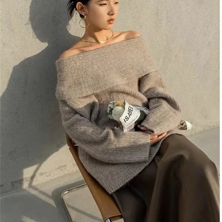 Autumn and Winter Advanced Texture Milk System Knit Sweater Strapless Ambient Feeling Lazy Wind One-line Collar Sweater Women's