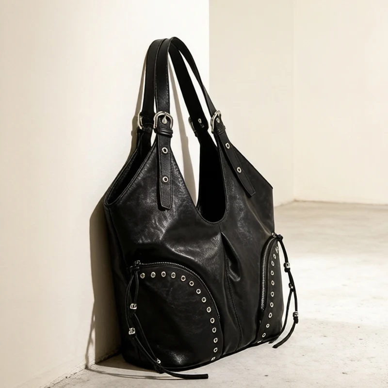 

Korean Vintage Tote Bag For Women Luxury Designer Handbag And Purse 2026 New In PU Tassel Rivet Large Capacity Underarm Shoulder