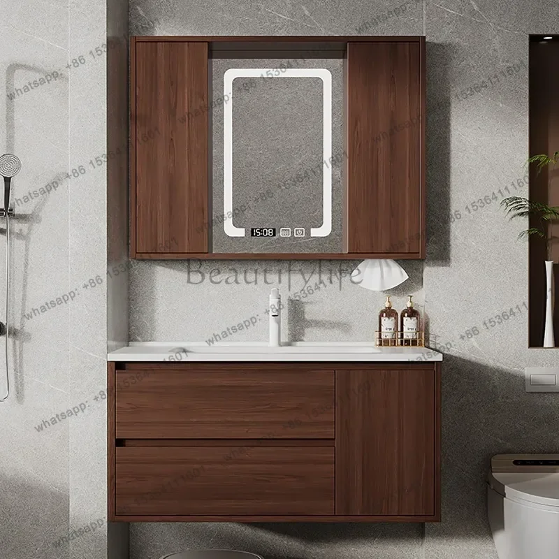 Simple solid wood bathroom cabinet ceramic basin washbasin hidden feng shui mirror combination