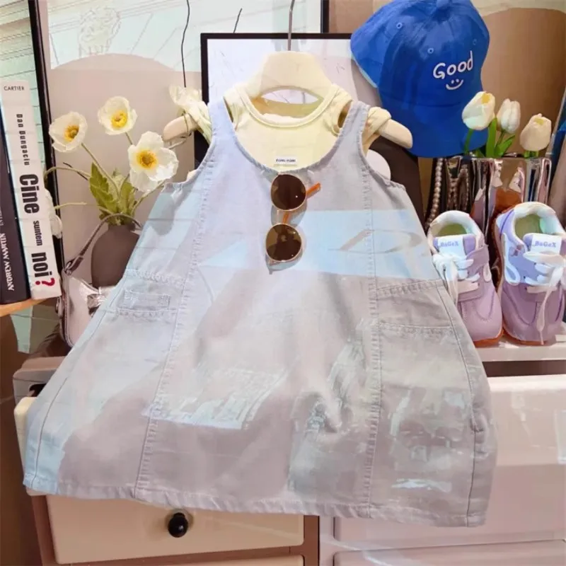 

TOY-Summer New Style Girls' Fashionable Sleeveless Strap Vest Dress Set Washed Denim Vest Dress Two-Piece Set