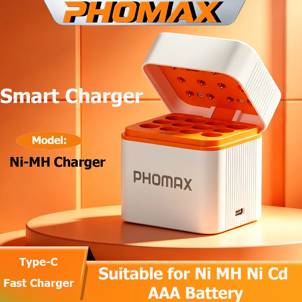 PHOMAX 12 Slot AAA Charger 1.2V Ni-MH Ni-Cd Rechargeable AAA Battery Charger Multi Bay LED Safe Charging Box