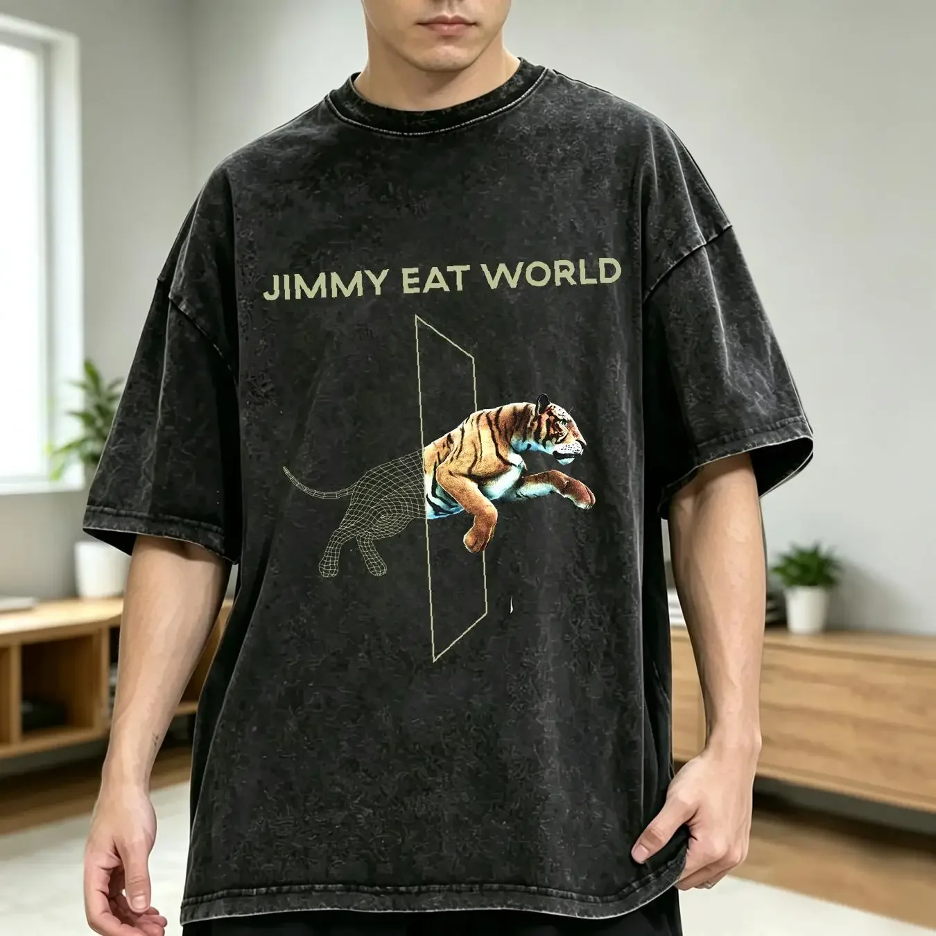 washed T Shirt Jimmy Eat World Jumping Tiger Olive Green Size Medium vintage Washed Breathable Unisex Soft