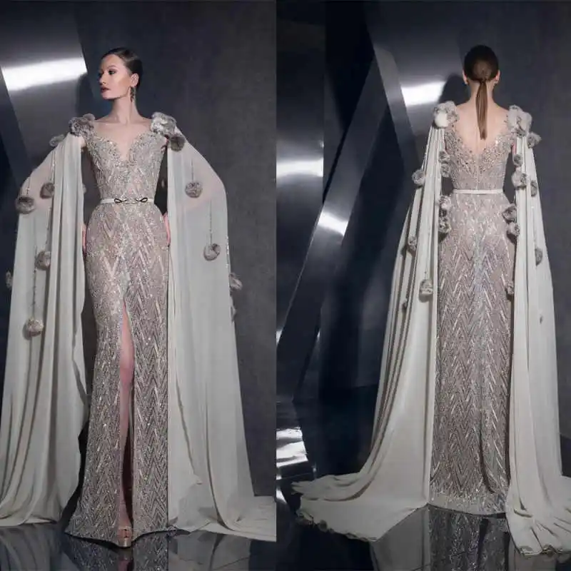 

Блестящие вечерние платья с пайетками и накидкой с V-образным вырезом без рукавов, расшитые бисером платья русалки для выпускного вечера с разрезом спереди, платья по индивидуальному заказу
