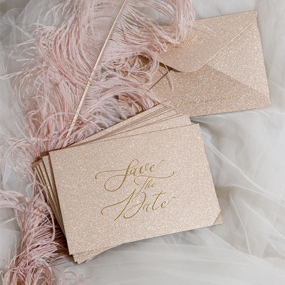 Luxury Champagne Custom LOGO Glitter Pocket Fold Envelope for Wedding Invitation Shiny Gift Packing Gold Foil Printing