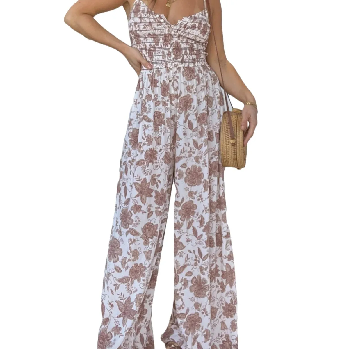 2024 primavera nova estampa floral ter macacão calças de perna larga macacão feminino cintura baixa calças compridas outro sle sem registro de marca...