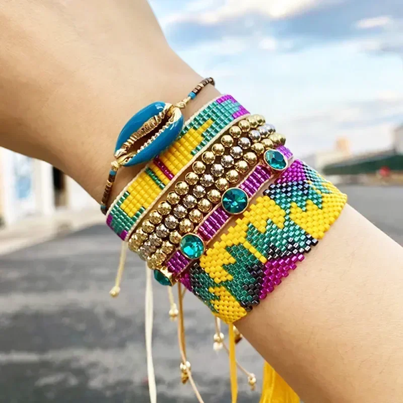 Beaded bracelet Flowers Symmetry Arrow Tide Simple Crystal Hand knitting Bohemia Design Adjustable Female Rice bead bracelet set