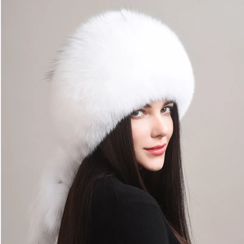 Winter Fur Hat Women Natural Raccoon Fox Fur Russian Hats Winter Outdoor Thick Warm Bomber Ears Caps