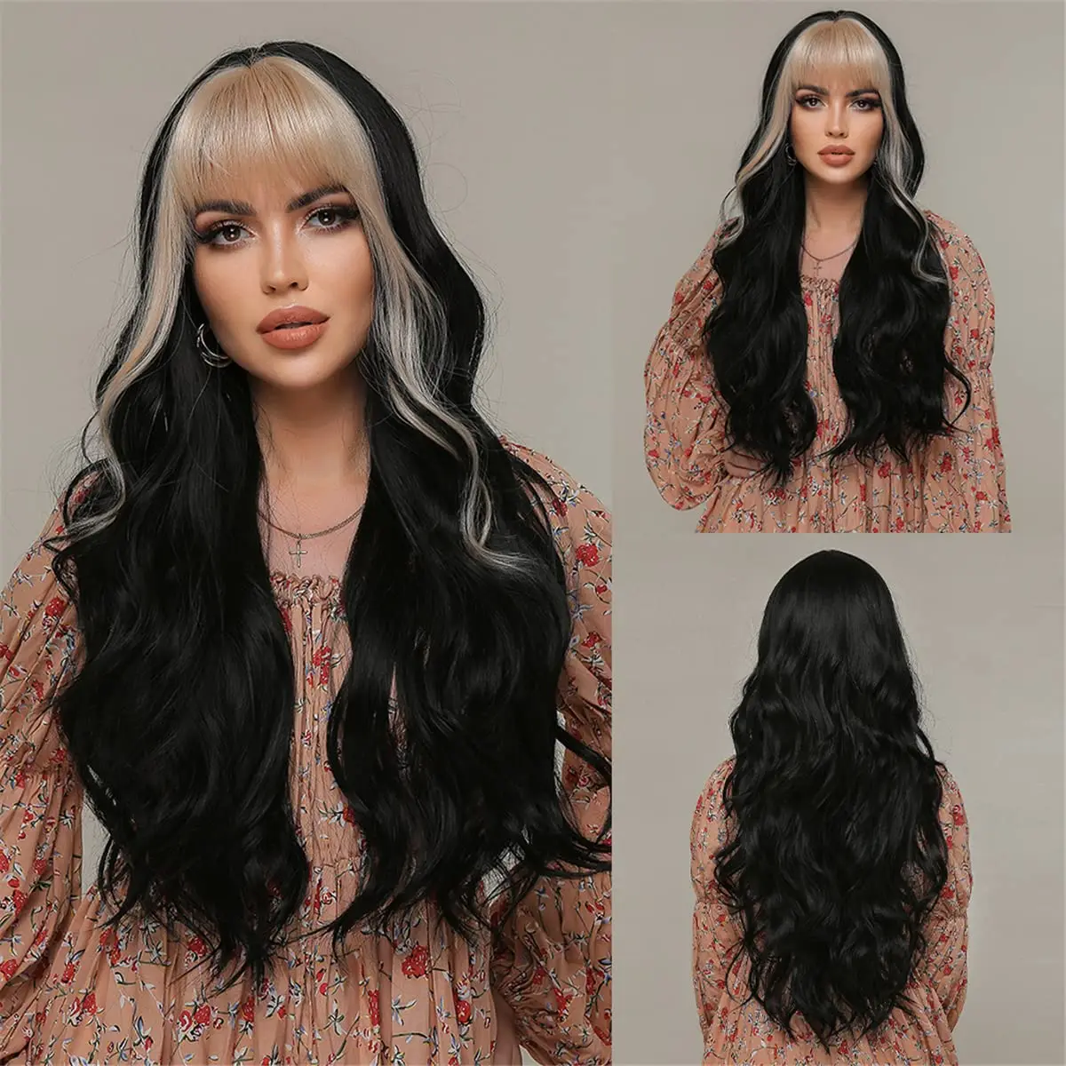 Black Long Wavy Synthetic Wigs with Blonde Bangs Cosplay Party Wig for Women Daily Use Silky Wig Heat Resistant Natural Hair