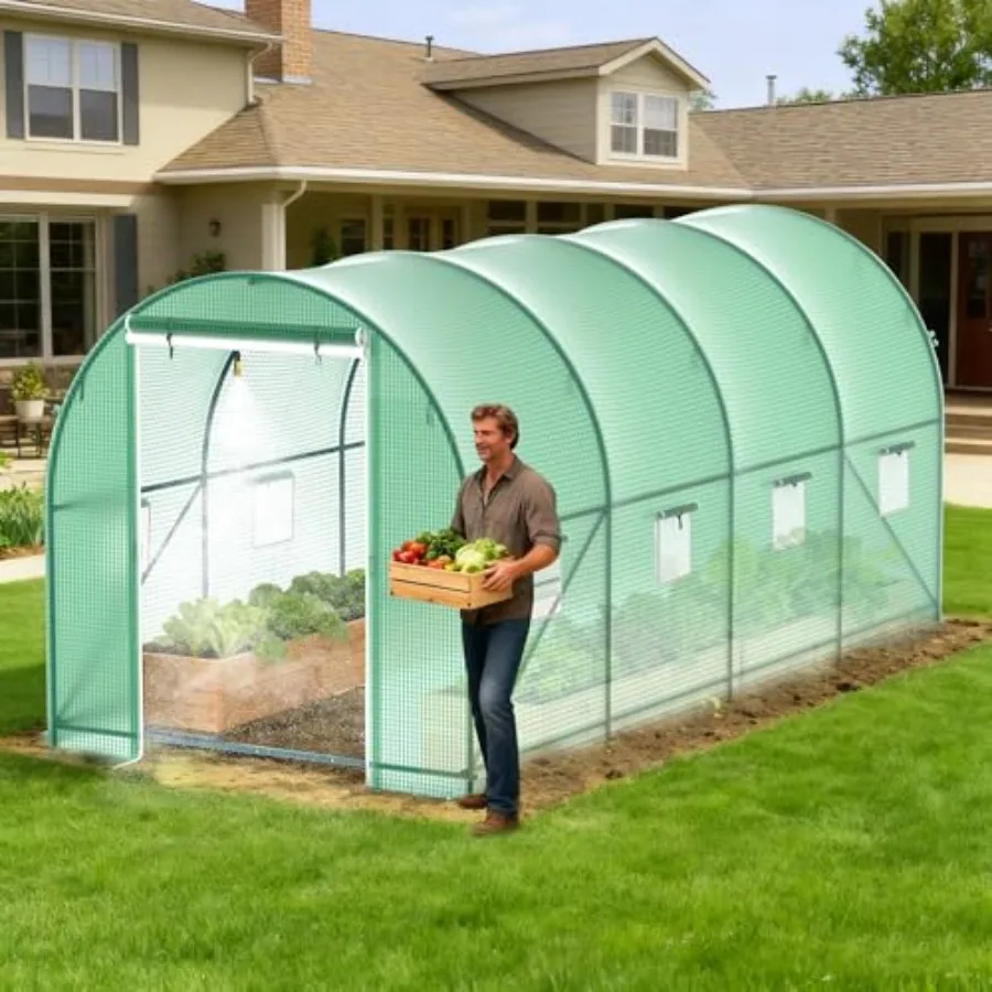 Outdoor walk-in greenhouse, 15×7×7FT, galvanized steel frame, green color, integrated irrigation system for efficient plant car