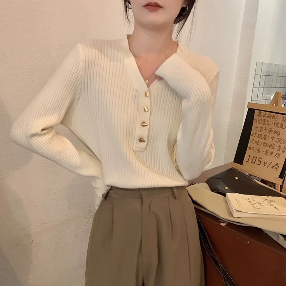 

Pullovers Women V-neck Knitting Basic Solid Ribbed Loose Chic Autumn Winter Gentle All-match Graceful Tops Temperament Female