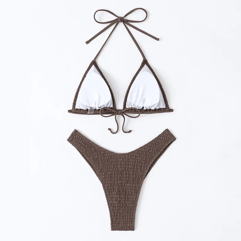 Sexy Brown Ruched Swimwear Triangle Halter String Bikinis Set Women Swimsuits High Leg Cut Bathing Suits Biquinis Bikini Mujer