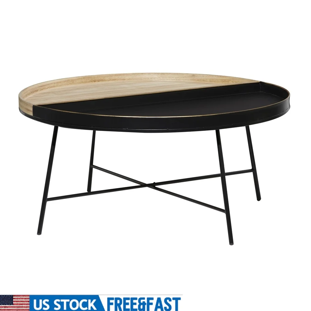 

38 Inch Black Metal Coffee Table with Unique Circular Pattern Design Sturdy X Base Elegant Modern Indoor Living Room Furniture