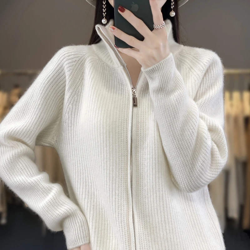 Women's 100% Merino Wool Knitting Sweater Turtleneck Zipper Cardigan Autumn/Winter Casual Loose Top Thickening Cashmere Jacket