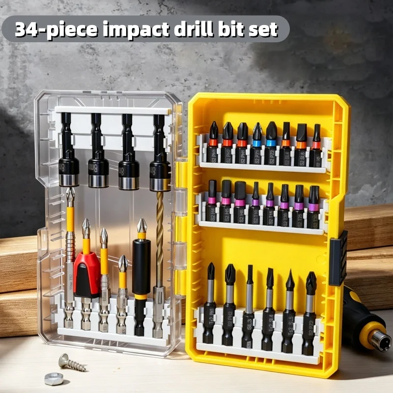 34Pcs Impact Driver Bit Set, Color Coded S2 Steel Screwdriver Bits & Nut Drivers Set with Clear Storage Case