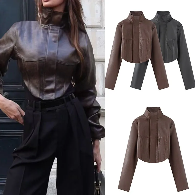

Guobioziy European and American Style Slim Herringbone Stand Collar Jacket Two Colors Available Ultra-Short Biker Outfit 2026