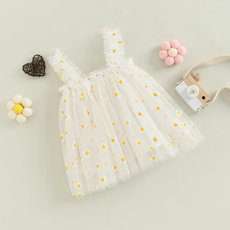 Toddler Kids Girl Summer Sling Dress Sleeveless Daisy Print A-line Tulle Princess Dresses For Girls Party Beach Holiday Clothing