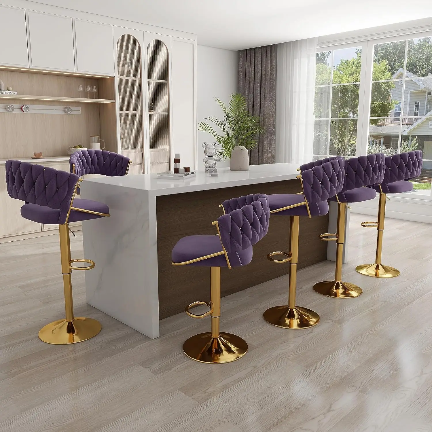 Uixe High Back 360° Swivel Bar Stools Set Of 6, Modern Adjustable Counter Height Velvet Bar Chair Golden Metal Stool,Kitchen