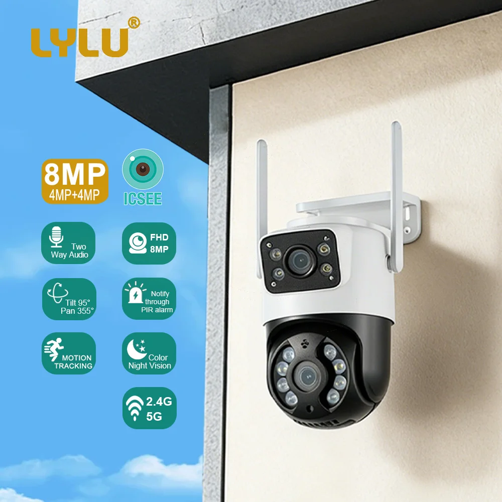 

LYLU Открытый 8MP 4K Wi-Fi PTZ CCTV Двусторонняя аудиокамера Двойной объектив Двойной экран AI Автоматическое отслеживание IP-камера видеонаблюдения icsee