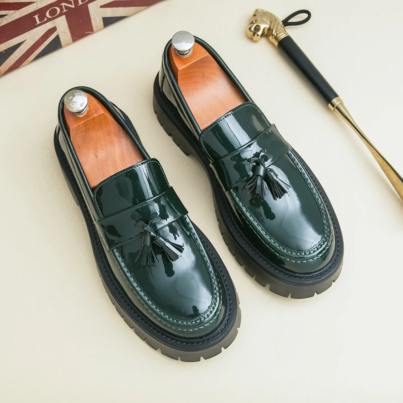 

Brand Patent Leather Shiny Fringed Leather Shoes British Style Men's Comfortable Round Toe Thick Sole Height Increasing Loafers