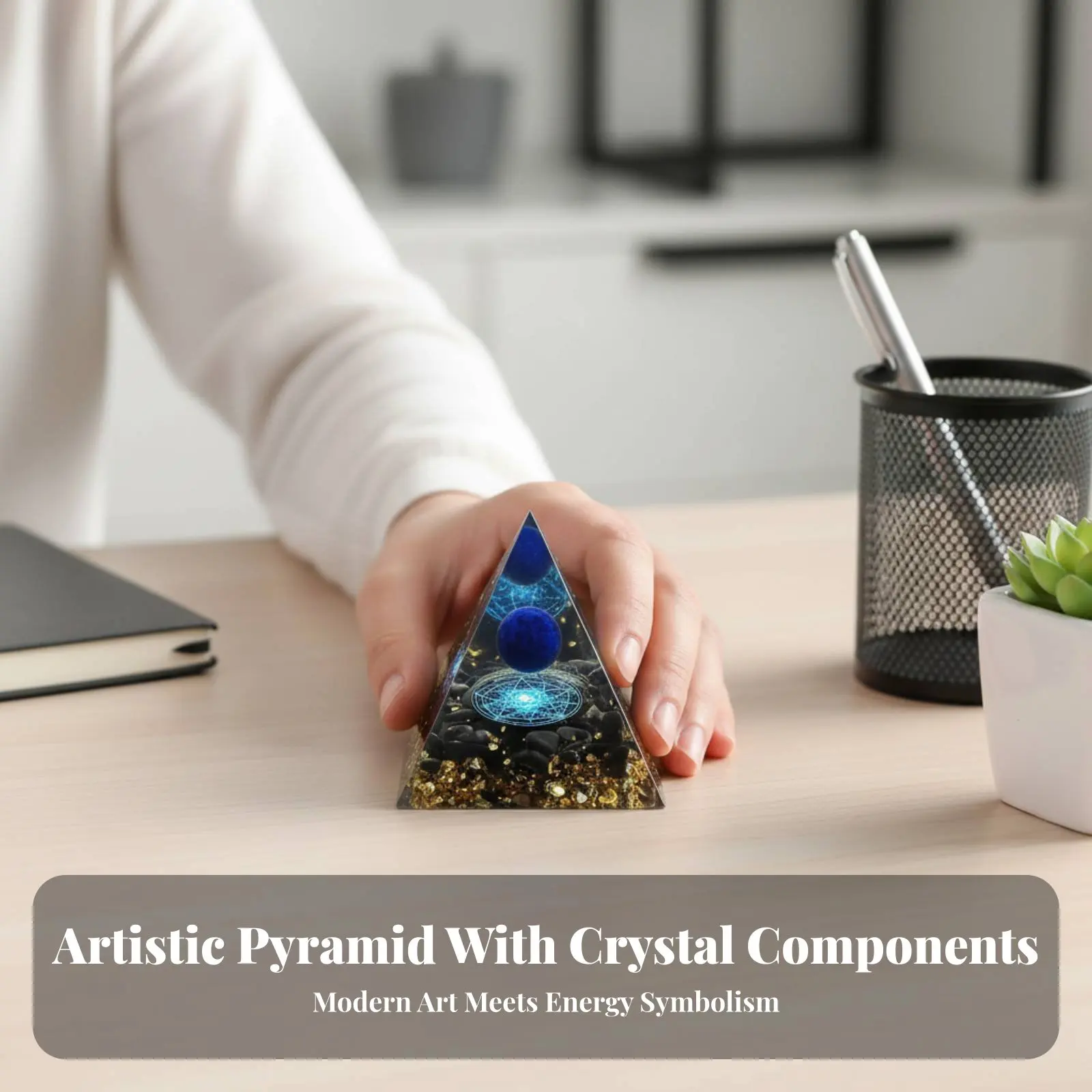 

Handmade Pyramid Table Decor, Chalcedony Crystal Resin, Modern Desktop Ornament