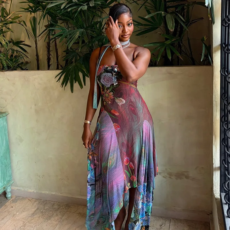 

STYLISH LADY Bohemian Floral Print Asymmetric Hem Maxi Dress 2026 Summer Women Spaghetti Strap Chiffon Beach Long Dress