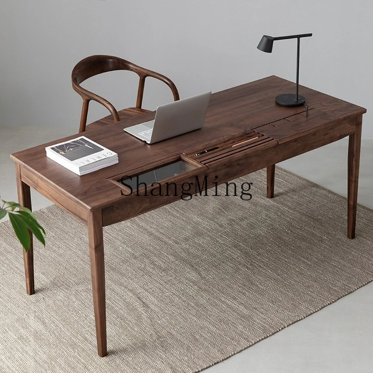 

SM black walnut desk with drawers solid wood study desk modern simple writing computer desk