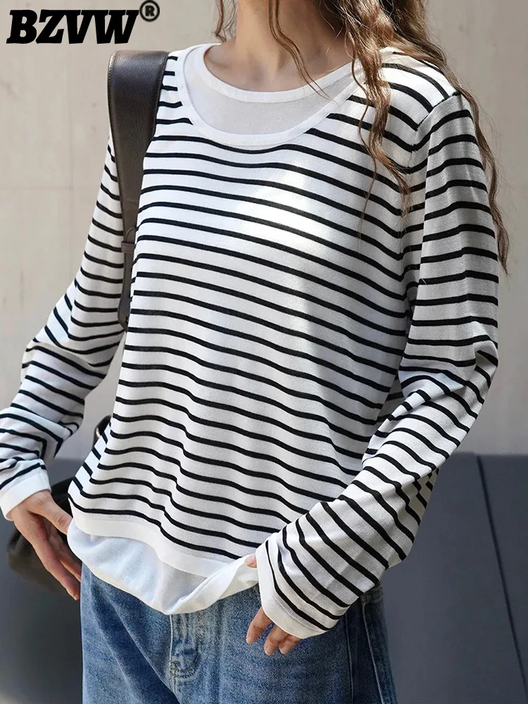 

BZVW Casual Patchwork T-shirt Women's O-neck Long Sleeves Striped Contrast Color Tops 2024 Female Autumn New Clothing 25A8631