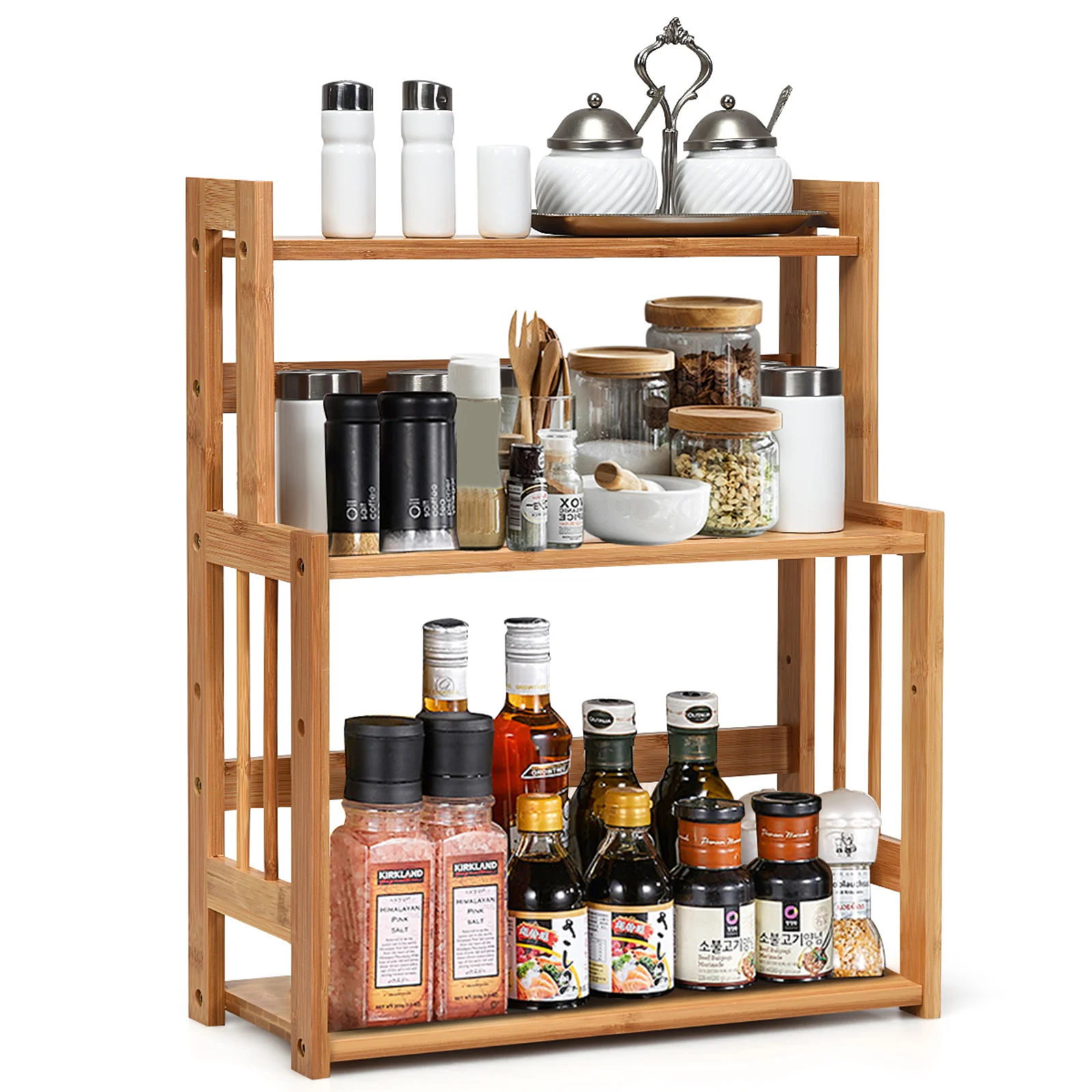 3-level Spice Rack Bamboo Kitchen Shelf with an Adjuster Shelf storage Shelf for Work plate