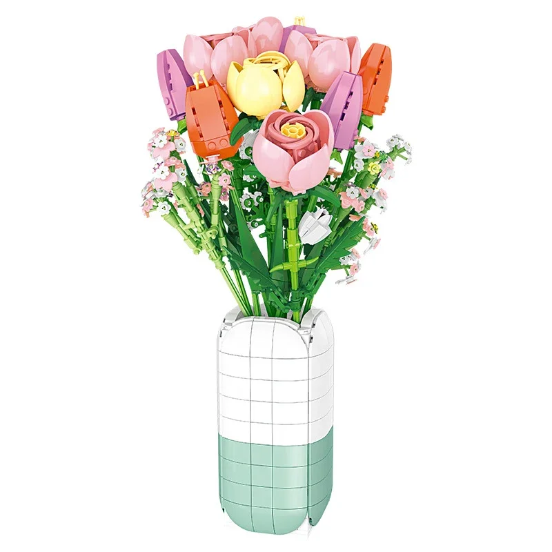 

Creative Simulation Flower Series Roses And Tulips Babysbreath Vase Building Blocks Bricks Toys Gifts