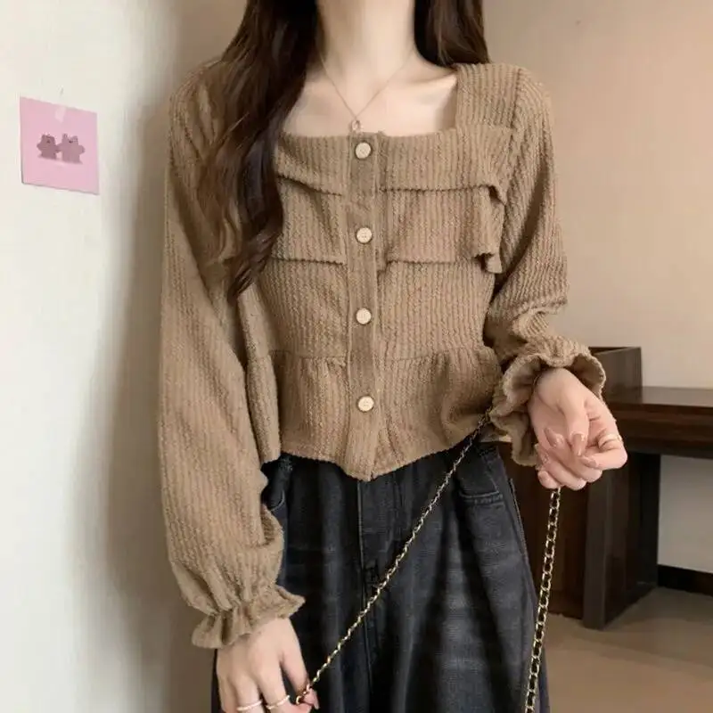 

Стильная женская рубашка с квадратным вырезом и длинными рукавами, свободная рубашка с рюшами по краям и короткая рубашка для похудения