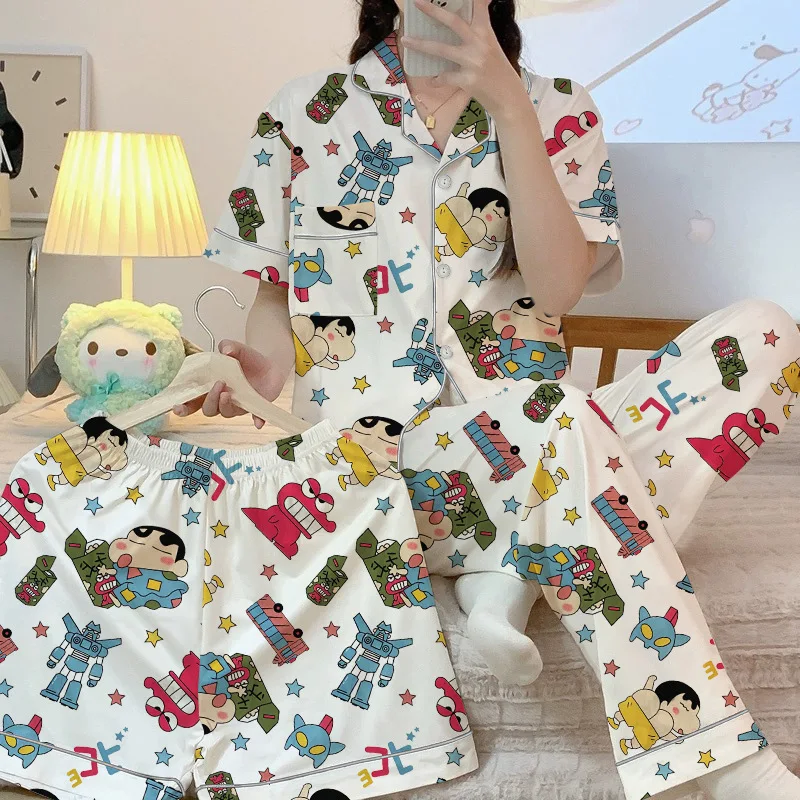 MINISO Cowboy Crayon Shin-chan Loungewear 3-piece Set Crayon Shin-chan Short Sleeve Shorts Pants Pajama Set Unisex Milk Silk