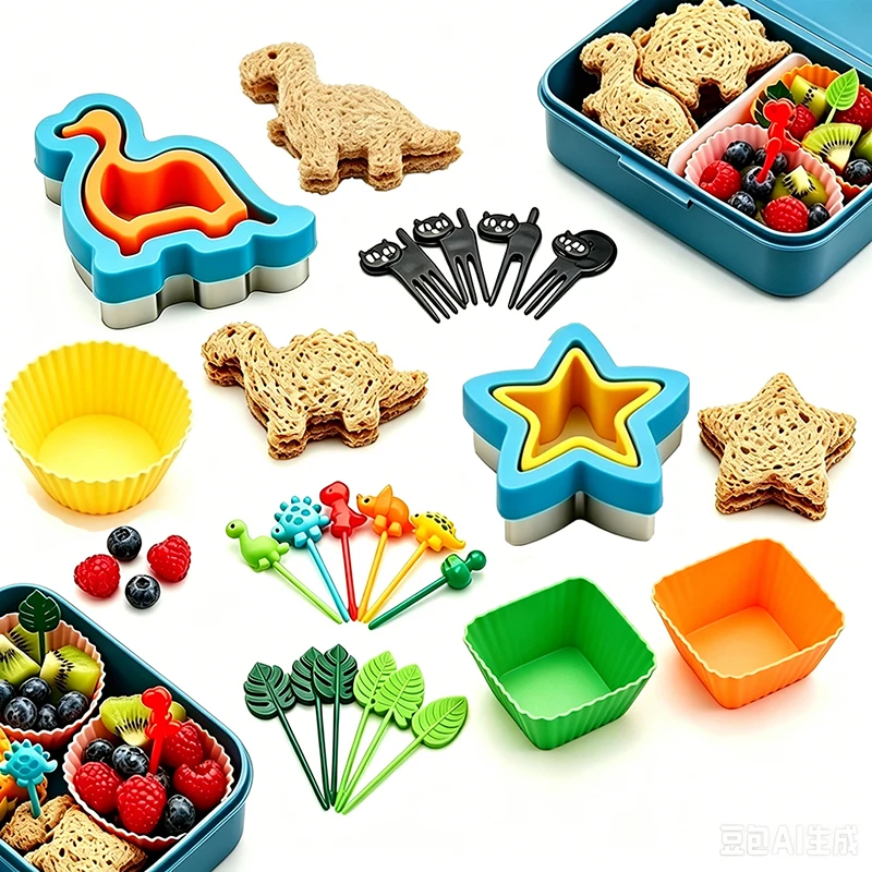 Dinosaur Cat Bento Box Accessories Set, Sandwich Cutters & Fruit Forks, Macaron Cupcake Liners Lunch Decor for Kids Boys Girls