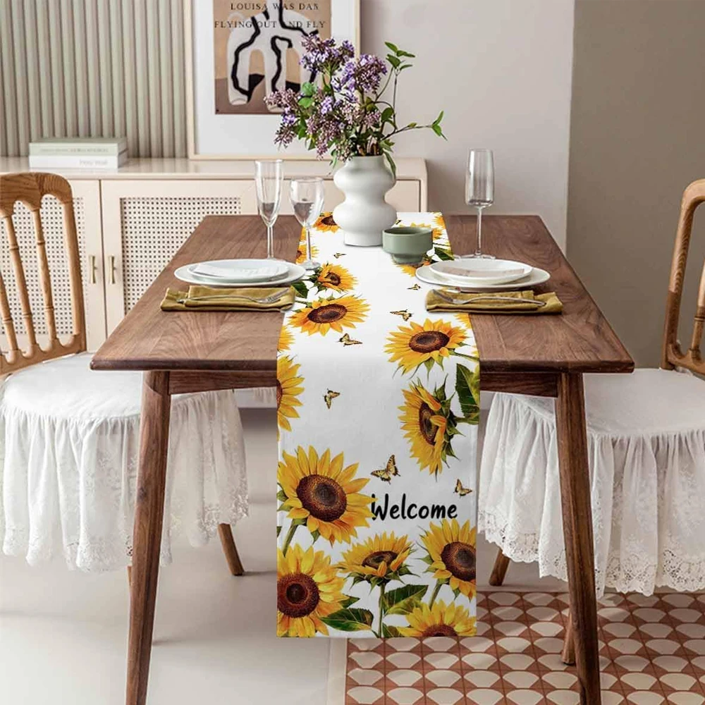Summer Sunflower Table Runner Butterfly Linen Dresser Scarves Farmhouse Table Runner for Kitchen Dining Coffee Home Decoration