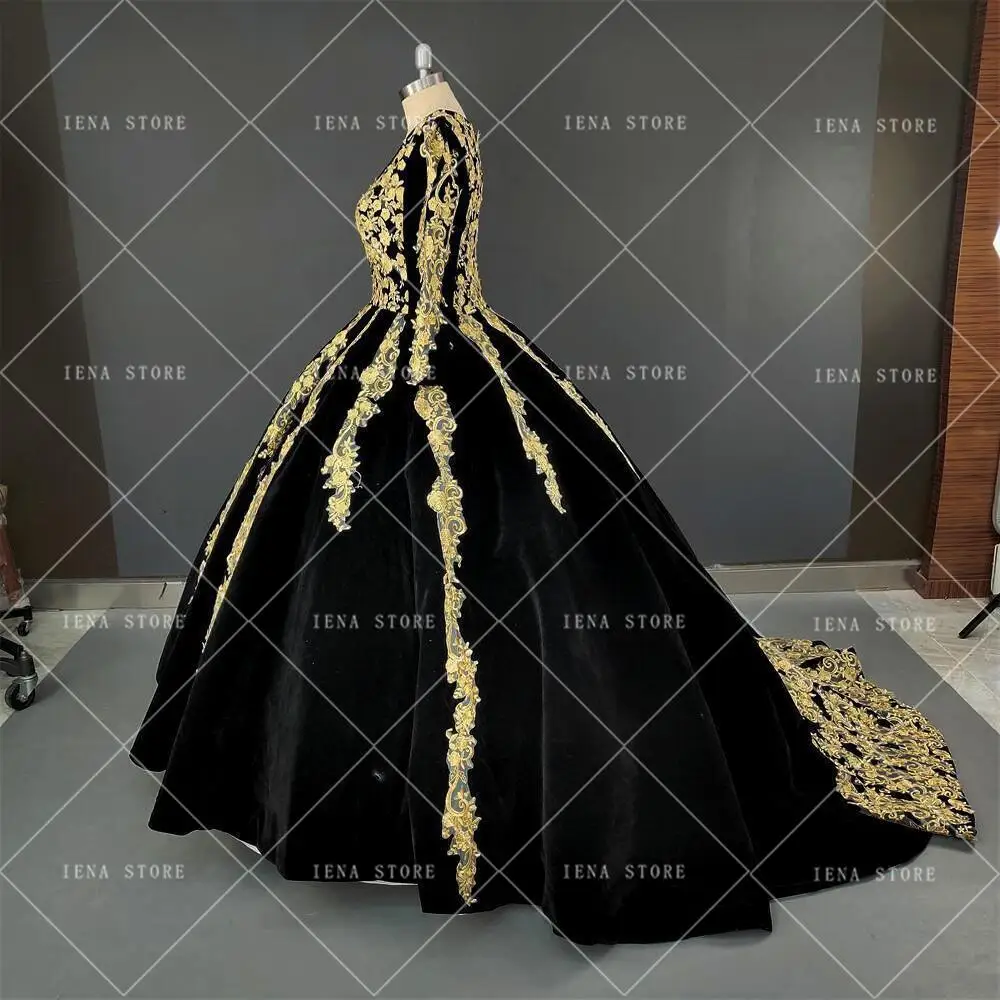 custom 14445#Black Velvet Formal Evening Dresses Plus Size V-neck Half Sleeve Sparkly Gold Applique Caftan Arabic Prom Gown