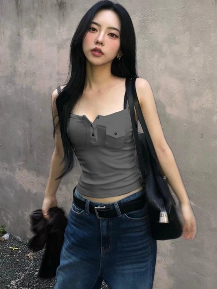 Solid Camis Pocket Crop Top Spaghetti Strap Sexy Tops For Women Fashion Clothing Buttons Tank Top Ropa De Mujer Camison Verano
