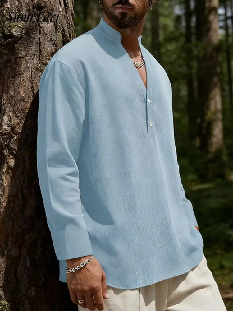 

Daily Casual Mens Loose Linen Shirts 2026 Spring Autumn Fashion Stand Collar Button-up V Neck Tops Men Leisure Pullover Shirt