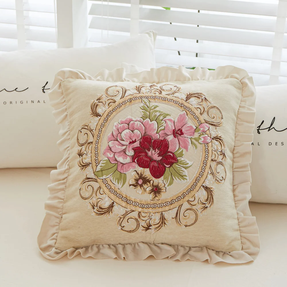 48x48cm Vintage Embroidery Flowers Jacquard Cushion Cover Nordic Style Ruffled Edge Decorative Pillow Cover Home Sofa Pillowcase