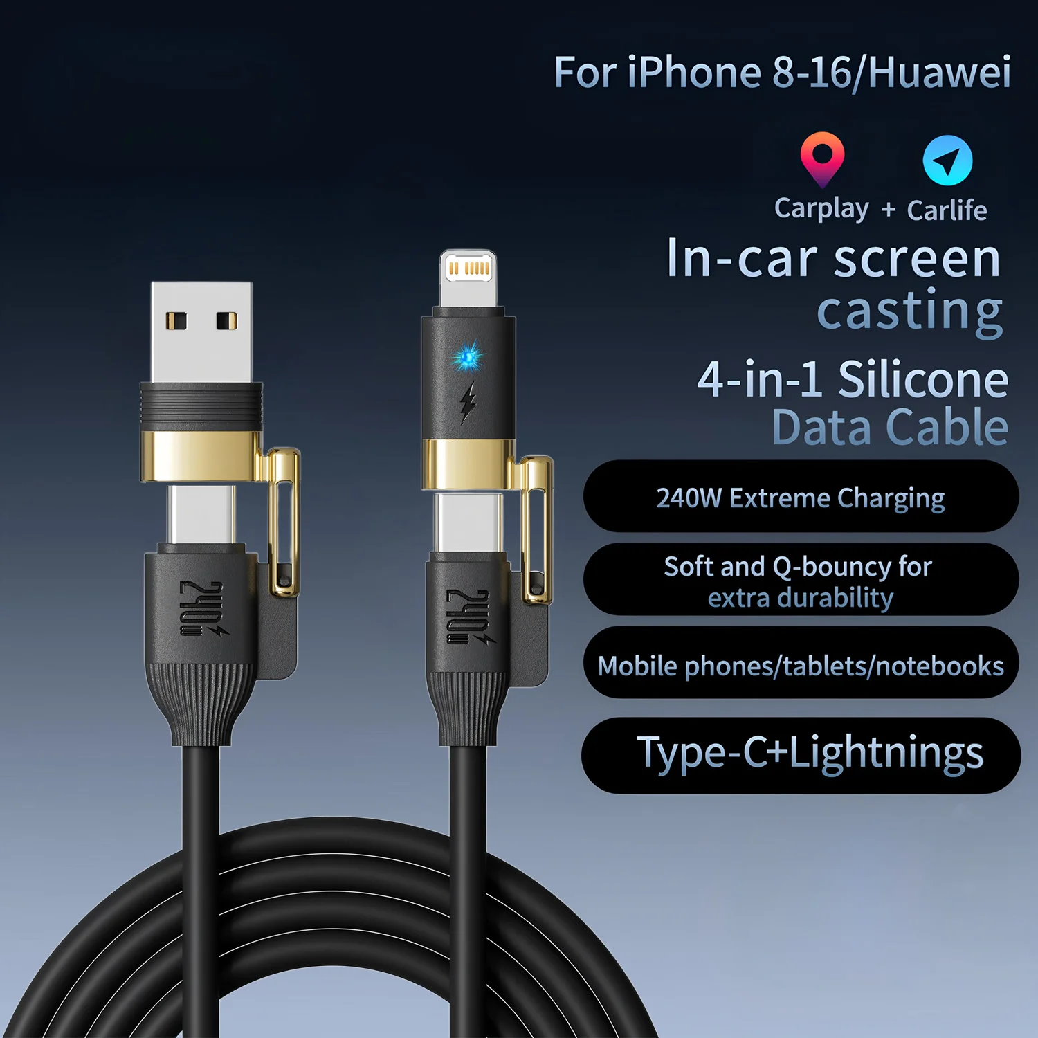 4 in 1 Fast Charging Data Cable Multifunctional 240W Type-C Cable USB Cable 1M Phone Charging Cable For Iphone 16 Pro Max Samsun