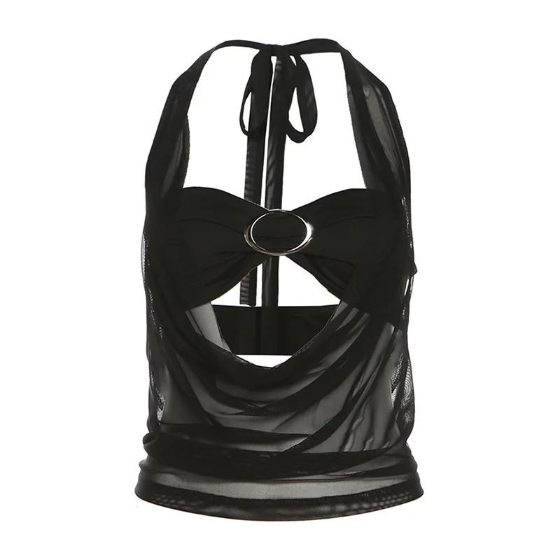 Wind 2024 otoño nuevo Interior Sexy para chica caliente con cuello colgante sin tirantes y chaleco de malla transparente conjunto de dos piezas