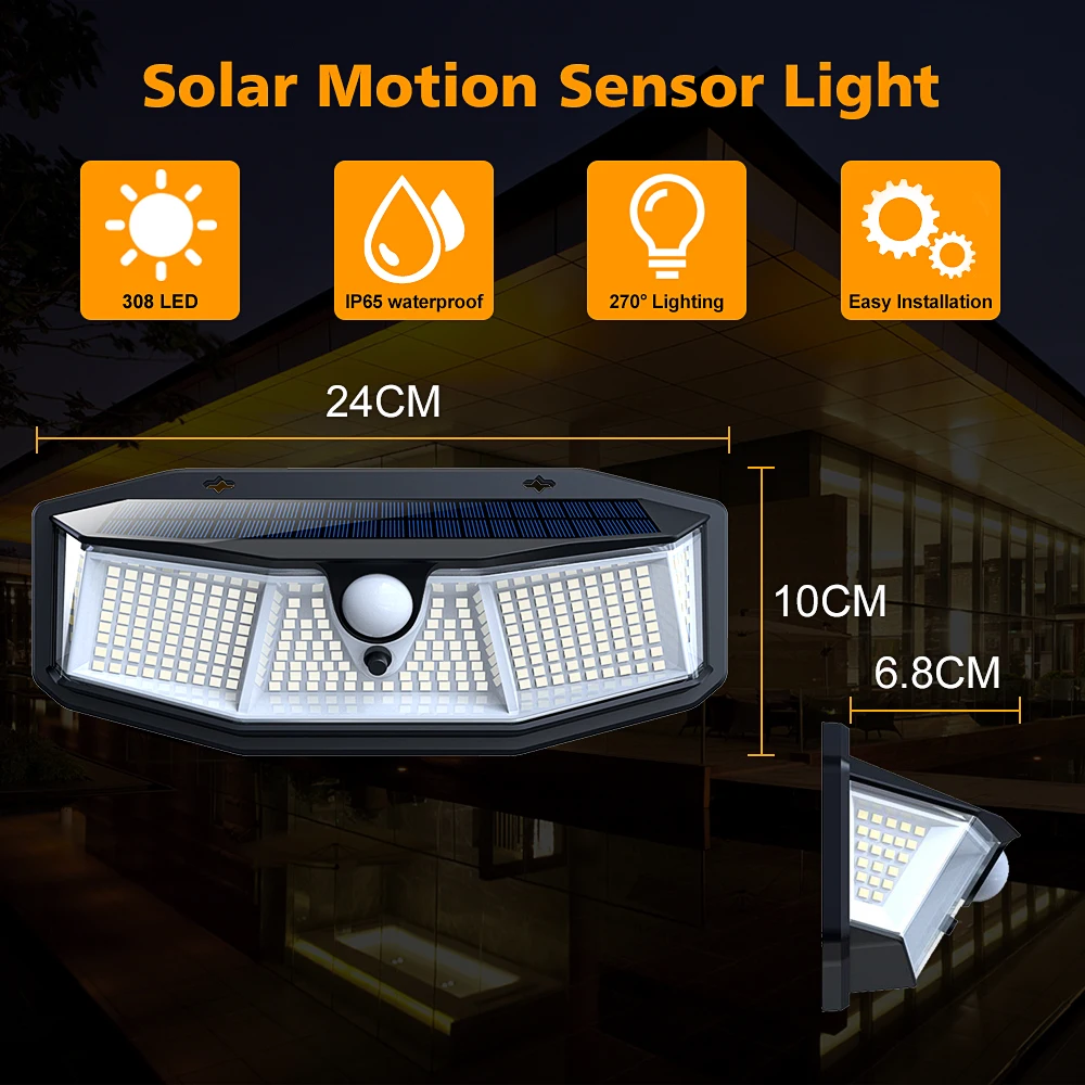 

308 LED Solar Light Outdoor Solar Lamp Powered Sunlight PIR Motion Sensor Waterproof Lights For Garden Decoration